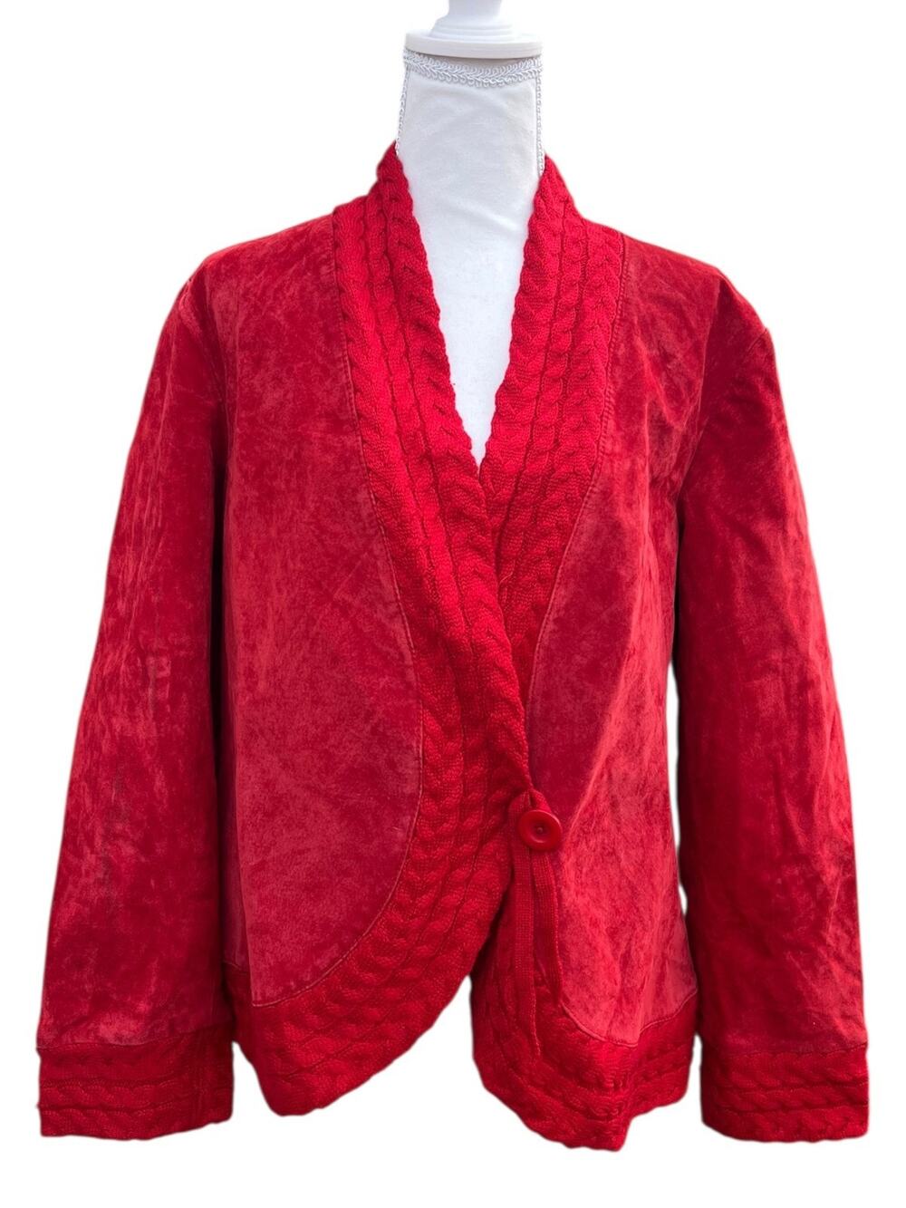 Coldwater Creek Red Suede Wrap Jacket CableKnit Trim Round Button Womens Plus 1X